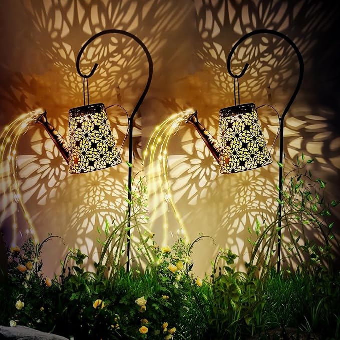 2 Pack Solar Watering Can Lights with Shepherd Hook,Solar Powered Watering Can Light, Waterproof Outdoor Garden Hanging Decoration(Classic).