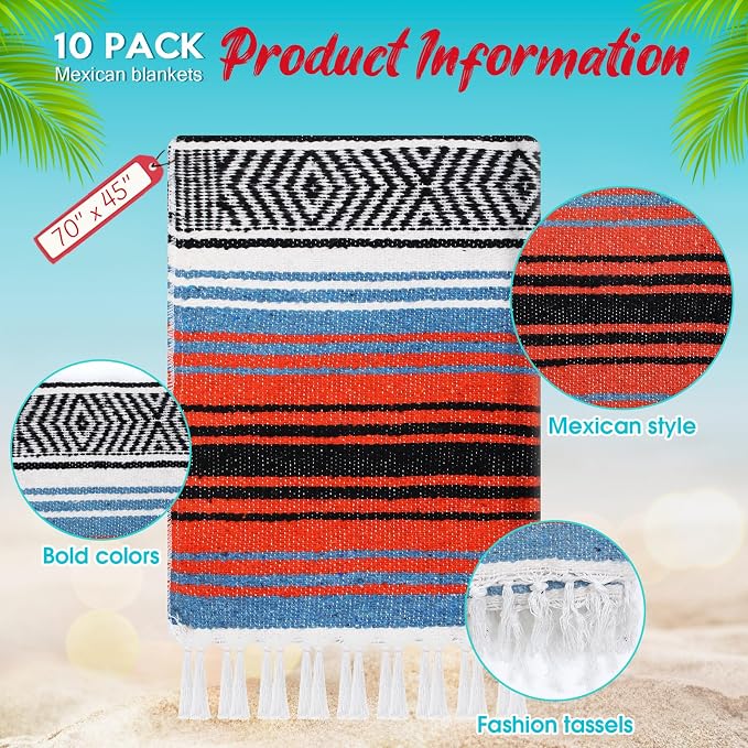 Oudain 10 Pack Mexican Blankets 45 x 70 Inch Woven Serape Throw Blanket, Baja Yoga Blanket for Beach Picnic Camping Boho Couch Decor Travel Outdoor (Neutral Color)