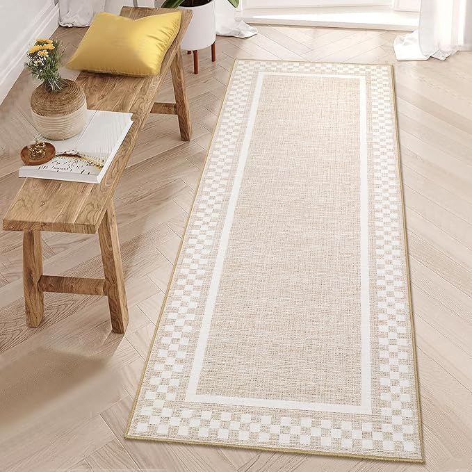 GarveeHome Washable Runner Rug 2x10 Modern Bordered Hallway Runner Rugs | Non Slip Kitchen Throw Carpet Checkered Bathroom Entryway Low Pile Solid Area Rugs for Living Room Bedroom Nursery, Beige