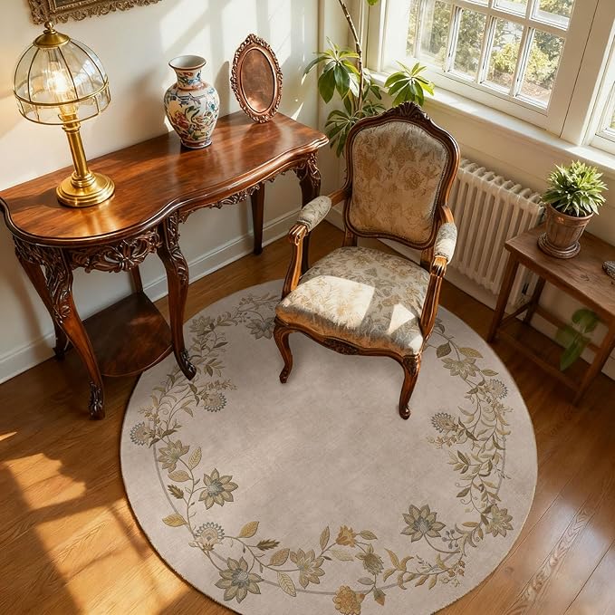 Washable Bedroom Round Rug 4ft: Living Room Circle Rug Stain Resistant Non Slip Low Pile Soft Faux Wool Small Area Rugs for Bedroom Kitchen Entryway Kids Room Bathroom Entrance Nursery Dorm Office