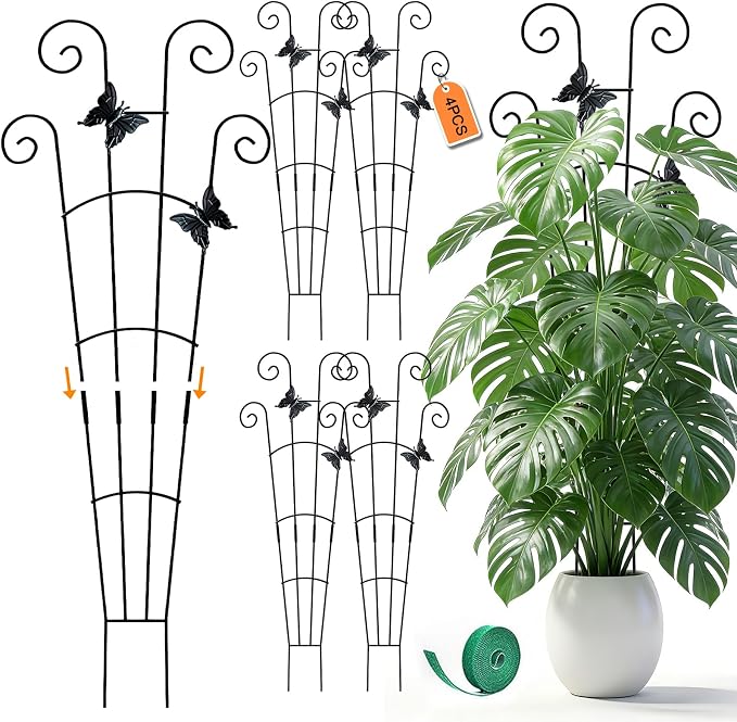 Monstera Plant Support - 4-Pack of 32.6" Tall Plant Trellis Stakes for Large Indoor Vines | Adjustable Dual Pole Frame for Monstera Deliciosa & Potted Plants