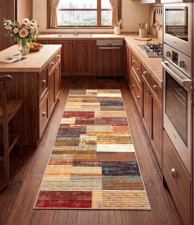 Brown Runner Rug 2x6 for Hallway, Farmhouse Rugs Washable,Vintage Burgundy Carpets,Burnt Orange Area Rug Non Slip,Geometric Boho Rug for Kitchen