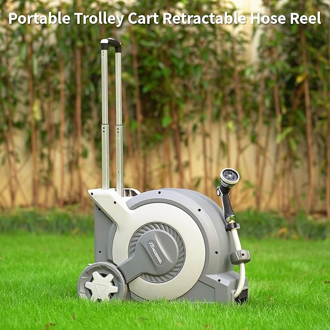 Portable Trolley Cart Retractable Hose Reel by HOZEREEL, All in One Connectable Garden Hose Reels and Enclosed Storage, Self Propelling Hose Reels, 10 Pattern Nozzle, 100FT 1/2" Hose Included