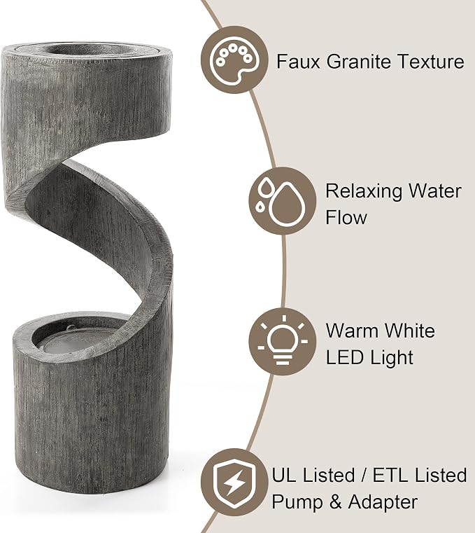 Glitzhome Outdoor Fountain with LED Light, Spiral Water Fountain Outdoor with Stone Planter, Modern Curved Waterfall Fountains Water Feature for Garden Patio, 31.3”H