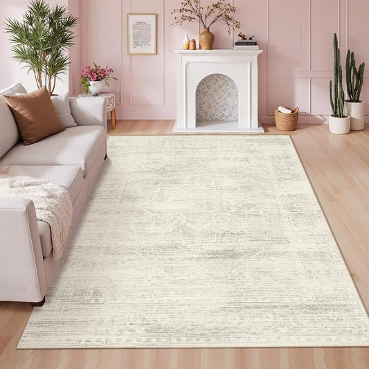 Latte&Fog Vintage 5x7 Washable Neutral Area Rugs, Ivory Rug for Living Room | Non Slip Low Pile Soft Floral Cute Carpet for Dining Kitchen Kids Playroom Nursery Guest Room Classroom Dorm Farmhouse Office