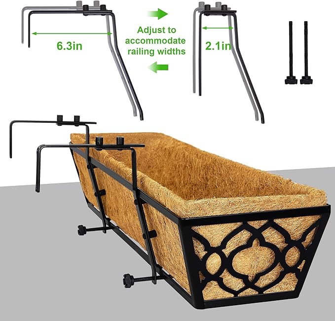 Y&M Railing Planter Boxes 24 Inch 4 Pack, Hanging Balcony Planter, Adjustable Deck Railing Planter Box, Metal Window Boxes Outdoor for Fence, Porch Flower Pots Holder