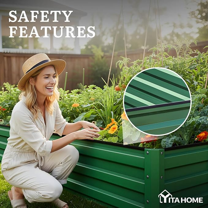 YITAHOME 2pcs 12x4x1ft Galvanized Raised Garden Bed, Metal Planter Box with Safety Rubber, Gloves, Outdoor Flower Bed for Planting Plants Vegetables, Green