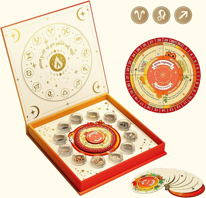 Lush&Dew Zodiac Garden Seed Bank Fire Signs, Gardening Gifts for Women Men | 12 Varieties USA-Sourced Non-GMO Heirloom Vegetable Flower Seed Kit, Handcraft Storage Box with Moon Calendar, USDA Zone 3-11