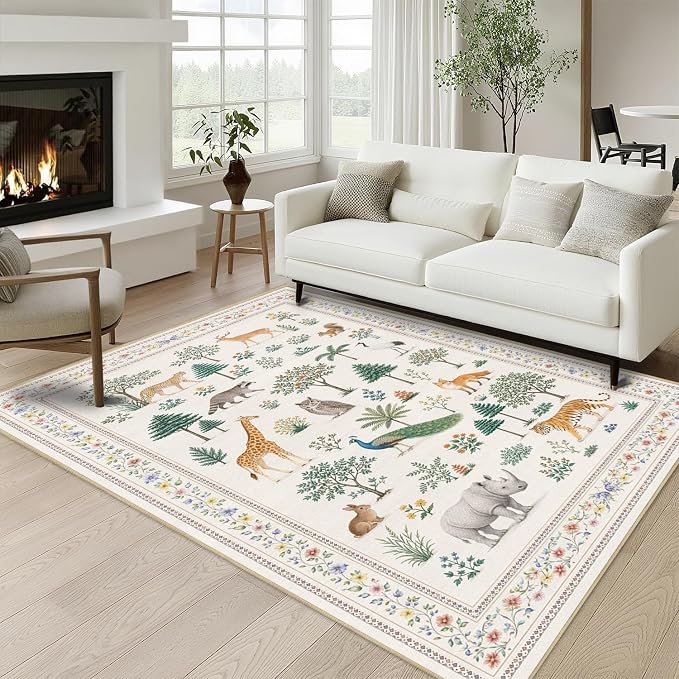 Jungle Animal Rug 3x5 Wild Zoo Animals Forest Area Rug for Entryway Living Room Machine Washable Non-Slip Printed Low-Pile Indoor Floor Carpet for Kids Room Nursery Bedroom Playroom,Beige