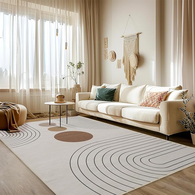 Area Rug 6x9 Boho Modern Minimalist Geometric Abstract Rug Neutral Beige Mid Century Modern Rug for Living Room Machine Washable Non-Slip Printed Low Pile Indoor Carpet for Bedroom Dining Room Office