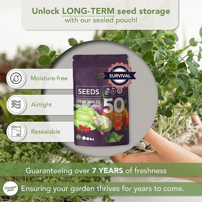 Garden Pack Vegetable Seeds Pouch - 50 Varieties of Vegetable, Herb & Flower Seeds for Planting - 25,000 Non GMO Heirloom Seeds - Gardening Gifts for Men and Women