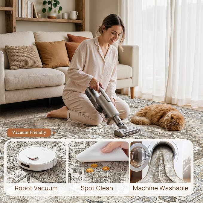 DTICON Vintage Washable 9x12 Area Rug Living Room Rugs, Brown Gray | Boho Distressed, Pet & Kid Friendly, Non-Slip Backing, Soft Polyester, Low-pile Carpet for Living Room, Bedroom, Dining Room