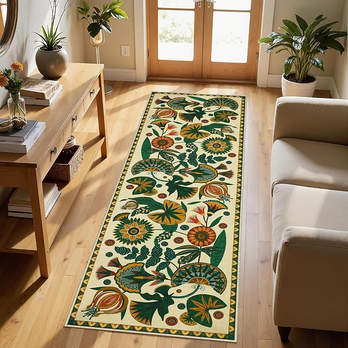 Joydeco Egypt Floral Washable 2x6 Rug Runners for Hallways Entryway Kitchen | Boho Botanical Colorful Non Slip Stain Resistant Low Pile Flower Indoor Carpet Runner for Entry Laundry Room Bathroom, Beige