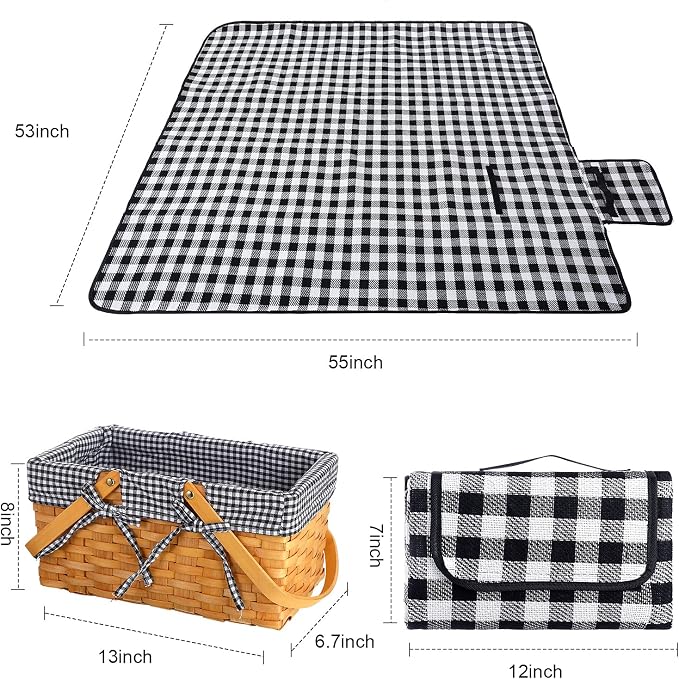 Patelai Wicker Picnic Basket Natural Hand Woven Basket with Double Folding Handles, Willow Hamper Baskets with Blanket for Outdoor Picnic Summer Spring Camp Family(Black and White Grid)