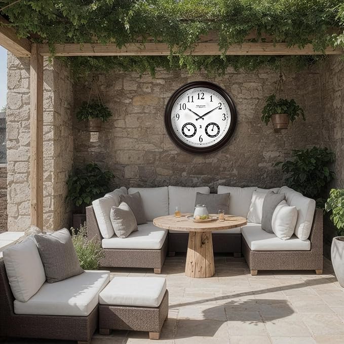 20" Evander Large Outdoor Atomic Wall Clock with Temperature & Humidity, Waterproof Outdoor Clock Thermometer Combo for Patio, Pool and Garden Decor,Oil Rubbed Bronze Black
