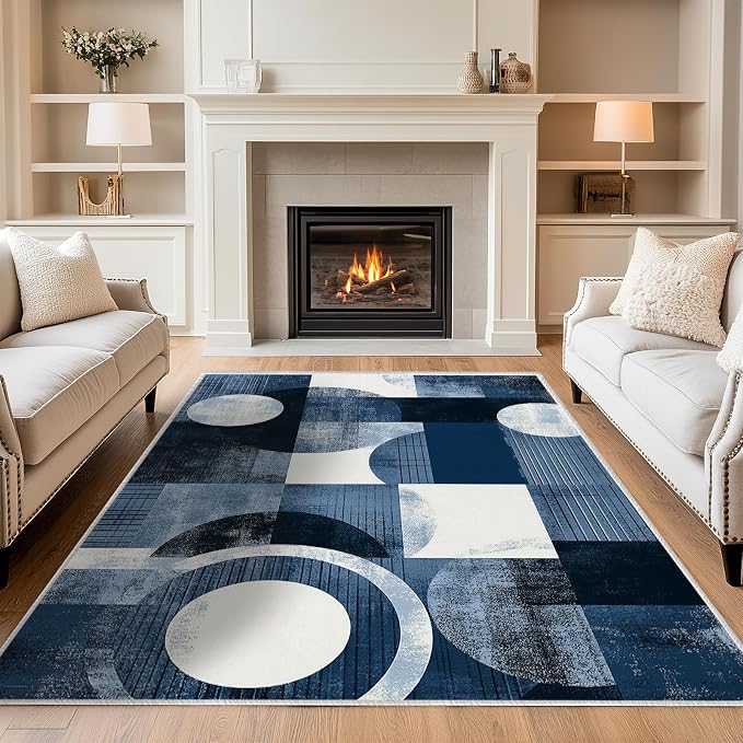 Boho Area Rug for Living Room Abstract Geometric 5x7 Entryway Rug Modern Blue Circles Rugs Non Slip Low Pile Machine Washable Floor Carpet for Indoor Bedroom Kitchen Dining Room Office