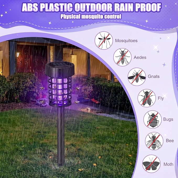 Qualirey 4 Pack Solar Bug Zapper Outdoor Waterproof Mosquito Repellent Killer Bug Zapper Lamp with LED Light for Outdoor Garden Patio Yard (White and Purple Light,Black)