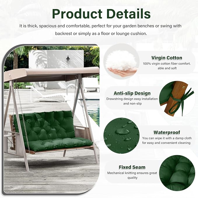 Porch Swing Cushion with Backrest,Waterproof Bench Cushion for Outdoor Furniture,2-3 Seater Replacement Thickened 5 in swing cushion,with Ties,Patio,Outdoor,Backyard and Garden (Green,47x40 in)