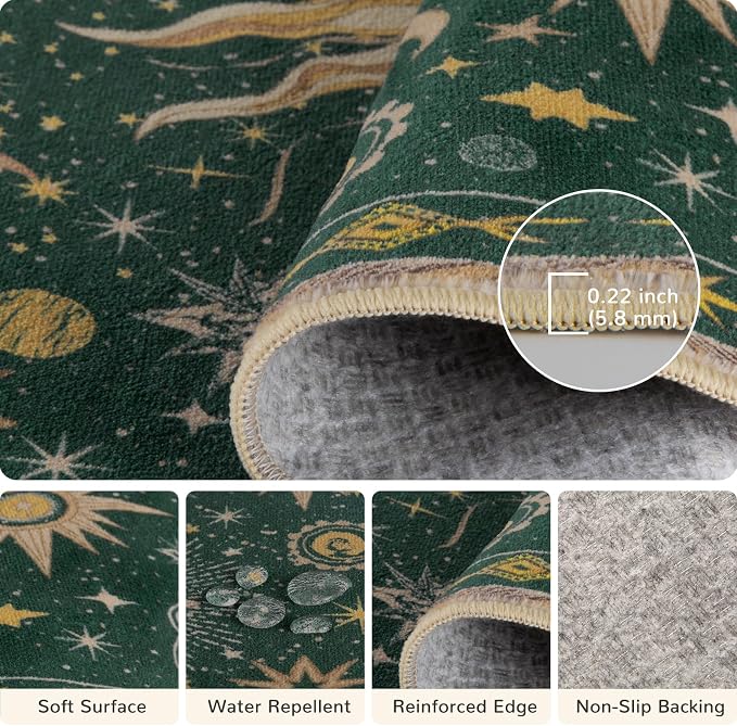 Vacuum-Friendly, 6x9 Washable Area Rug, Green Gold Yellow | Sun and Moon Boho Gothic Non-Slip Low Pile Living Roon Bedroom Dining Room Kitchen Entry Entryway Entrance Hallway Doormat