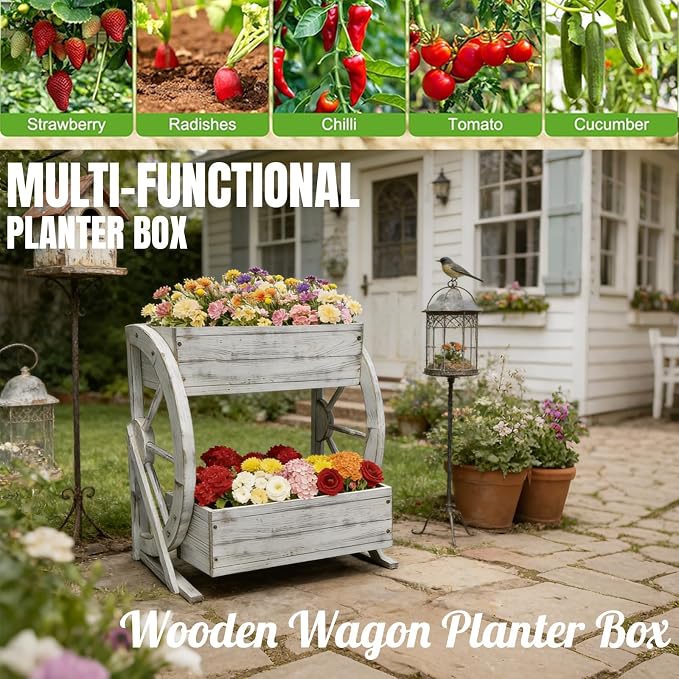 2 Tier Medium Wooden Wagon Planter Box|Outdoor Planter/Flower Pot for Indoor&Outdoor Plants-Rustic Garden Planter for Patio,Porch&Garden Decor-Raised Garden Bed for Succulents,Herbs,Vegetables