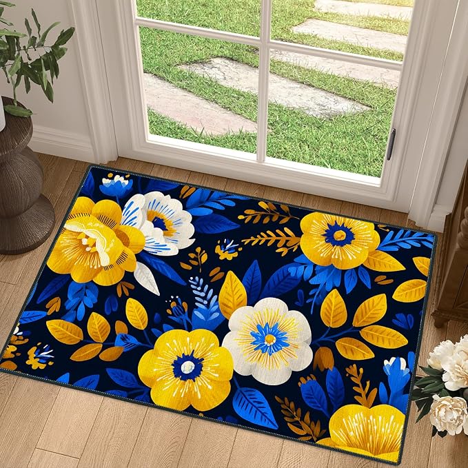 Navy Blue Yellow Floral 2x3 Entry Rug,Washable Small Rugs for Entryway Kitchen Bathroom Door Mat Indoor Entrance,Non Slip Rubber Backing, Stain & Fade Resistant, Vibrant Boho Decor