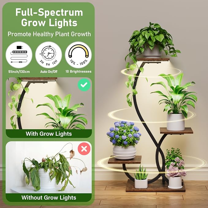 BACEKOLL Plant Stand Indoor with Grow Lights - 2 Pack Plant Shelf, Lighted Corner Plant Stands for Indoor Growing, 4 Tiered Metal Flower Holder, S-Shaped Decorative Shelves for Home, Hallway, Black