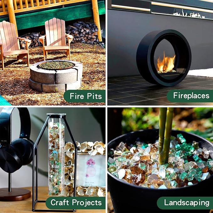 Onlyfire 10 lbs Fire Glass Rocks 1/4 Inch, Reflective Tempered Glass for Propane Fire Pit & Gas Fireplace, High Luster Firepit Glass Stones for Fire Table, Gold+Light Green+Copper