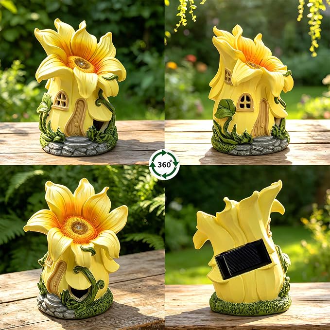 Fairy Garden House with Solar Light,Outdoor Figurine Lights Garden Statues,Yard Decorations Outdoor Fairy Garden Accessories,Decor Gifts for Mom Women (Sunflower)