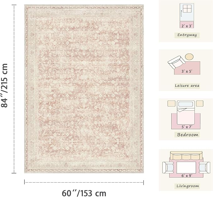 Latte&Fog Washable Area Rugs for Living Room 5x7 Pink Rug for Girls Bedroom | Non Slip Low Pile Soft Floral Cute Carpet for Dining Kitchen Kids Playroom Nursery Guest Room Classroom Dorm Farmhouse Office