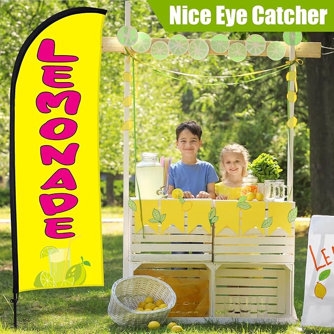 Buryeah Lemonade Feather Flag for Business Advertising 7x5.4ft Feather Flag Sign with Flagpole Ground Stake Portable Bag Lemonade Themed Banner with Rope for Outside Garden Business Party(Yellow)