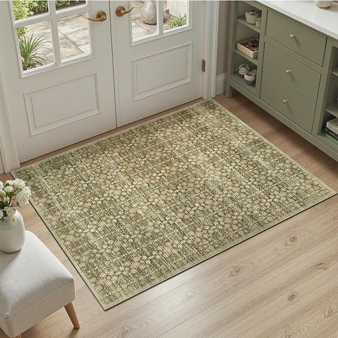 DCX 2x3 Neutral Rug, Kid & Pet Friendly with Rubber Back Non Slip, Machine Washable Stain Resistant Olive Green Floral Rug for Living Room, Bedroom, Soft Low Pile Large Nursery Carpet