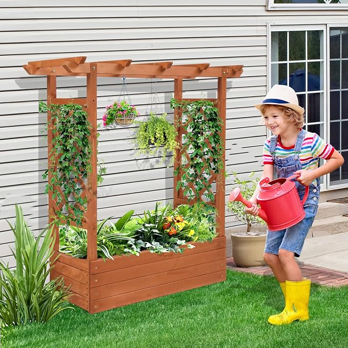 VINGLI Raised Garden Bed with Trellis & Hanging Roof, Wooden Planter Box with Drainage Holes for Outdoor Climbing Plants Vegetables Flowers, Patio Yard Balcony (Teak, Medium)