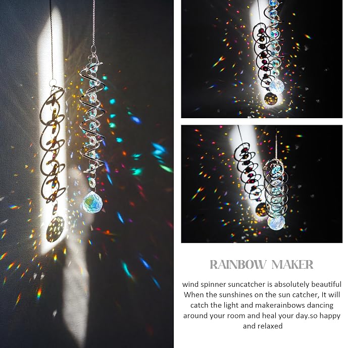 20.5in Crystal Suncatcher Gazing Ball Spiral Wind Spinner Garden Decor | Colorful Crystal Sun Catcher with Octagonal Beads Spiral Tail Rainbow Maker Hanging for Indoor Outdoor Garden Patio Decor