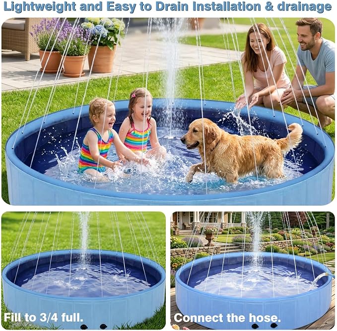Eooqi Foldable Dog Pool with Sprinkler, Extra Large Thickened Splash Pool | 2-in-1 Outdoor Summer Water Play Toy, Non-Slip Hard-Side Kiddie Pool for Backyard Dogs, Kids & Pets (Blue, 97"-6XL)