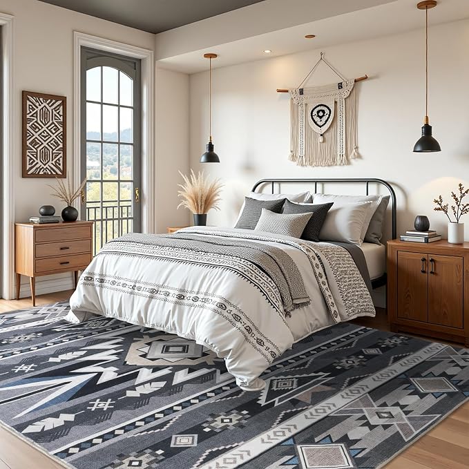 6x9 Western Rustic Aztec Area Rug for Living Room Bedroom Dining Room | Southwestern Tribal Grey Low Pile Faux Wool Rug, Machine Washable Non-Slip Carpet for Living Room Dining Bedroom