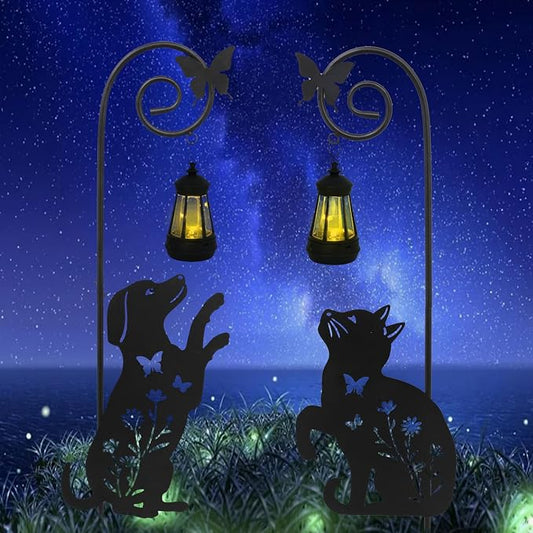 Solar Dog and Cat Lantern Garden Stakes - Outdoor Decorative Solar Lights for Yard, Patio, Pathway - Weatherproof Metal Pet Stake with Auto Night Lighting