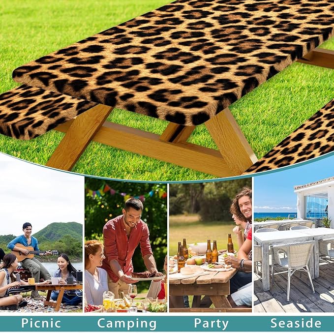 Picnic Table Cover with Bench Covers and Bag, Cheetah Leopard Print Waterproof Windproof, Fitted Tablecloth Cover with Elastic Edge, for Indoor & Outdoor, Garden, Camping, 3 Pieces Set, 30x96 Inch
