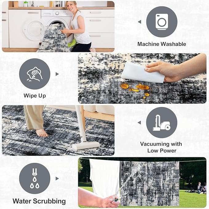 PLHXFR Area Rug Living Room: 4x6 Abstract Washable Carpet Black Gold | For Bedroom Dining Room Farmhouse Nursery Home,Machine washable,Non Slip,Large Soft Neutral,Stain Resistant, Indoor Floor