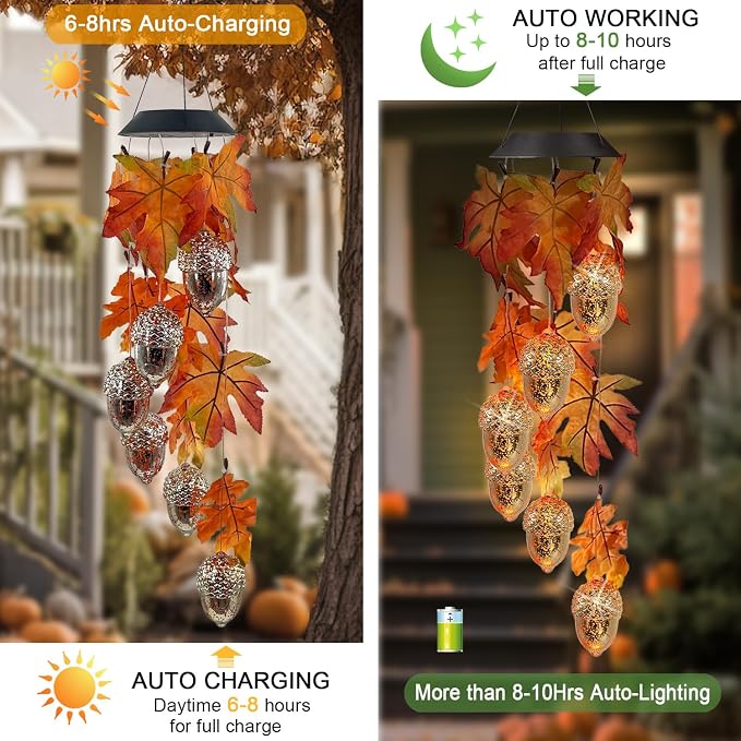Solar Acorns Wind Chimes for Outside,Oak Leaves Danglers Mobile Lights,Outdoor Hanging Fall Decor for Garden Patio Yard,Thanksgiving Birthday Gifts for Women