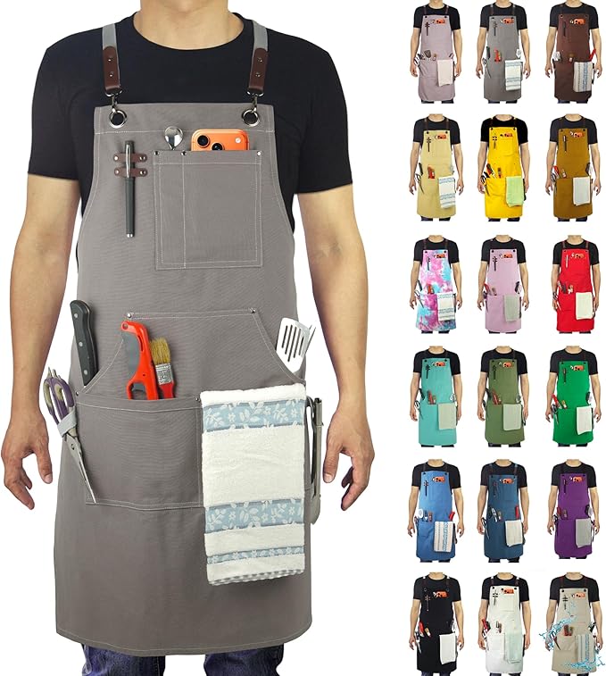 Kitchen Apron, Work Apron, Canvas Apron, Dark Gray | Multiple Pockets, Gardening, Painting, BBQ, Artist, Carpenter, Sizes M to XXL
