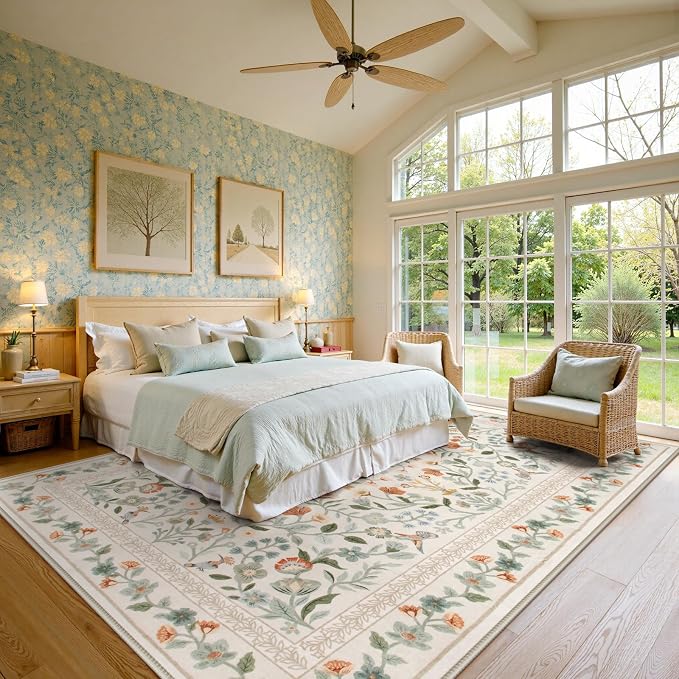 Lahome Beige Floral Washable Area Rug 9x12, Extra Large Botanical Carpet | Non Slip Carpet for Living Room Dining Room, Low-Pile Soft Rug for Bedroom Office, Home Decor