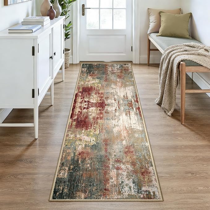 RELEANY Washable Runner 3'x8' Abstract Area Rug for Hallway Rustic Brown | Carpet for Kitchen, Entryway, Bathroom, Living Room, Bedroom, Printed Pattern, Non‑Slip, Soft, Stain‑Resistant, Easy to Clean