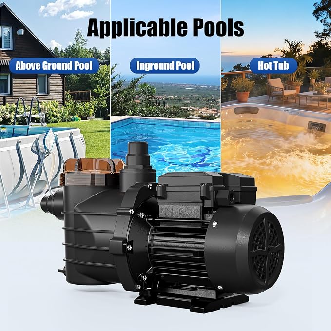 VINGLI 3/4 HP 3435 GPH Pool Pump, 110V Single Speed Self Priming Swimming Pool Pump, Powerful Copper Motor Water Circulation Pump with Filter Basket for Above Ground Pools Spas, US Plug