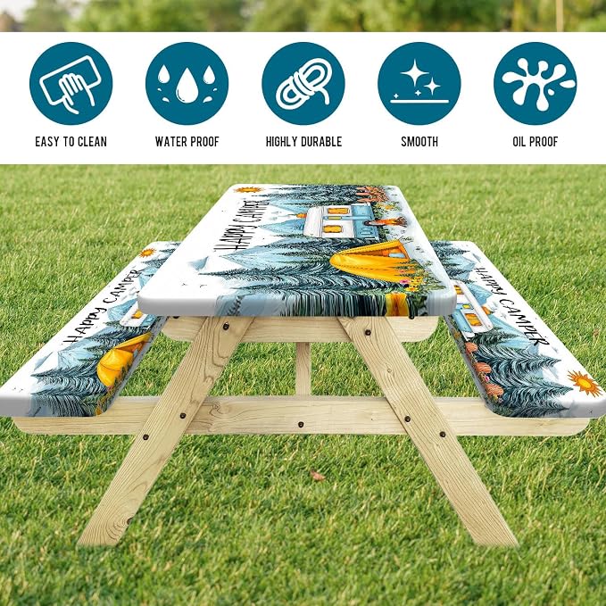 NYMB Picnic Table Cover with Bench Covers Elastic Edges, Camping Essentials Waterproof Windproof Camping Tablecloth with Drawstring Bag, Fitted Rectangle Tables and Seats, 30x60in