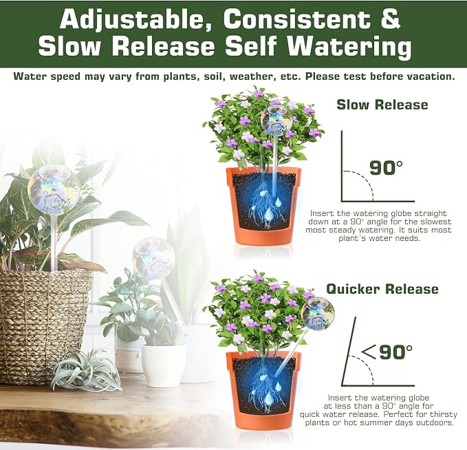 Self Watering Globes, Glass Rainbow Plant Watering Globes, Self Watering Planter Insert for Indoor & Outdoor Potted, Self Watering Planter Insert Spikes Devices for Everyday or Vacation Use, 4 Pack