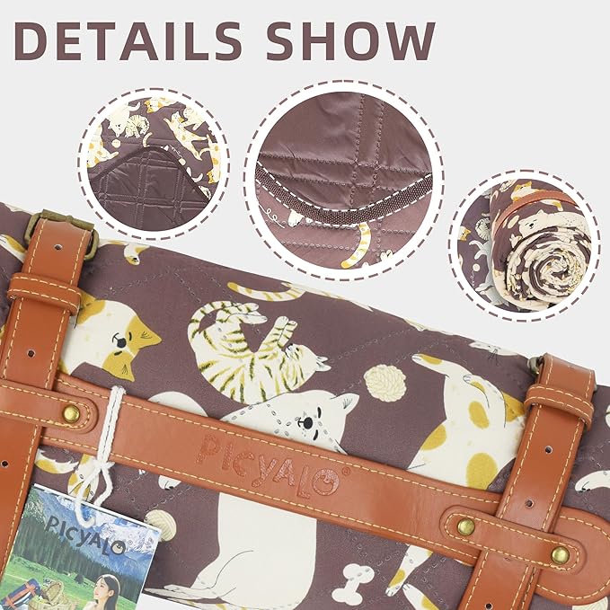 Double Thickened Picnic Blanket, 80x80 Inches, White Fish Pattern, Cotton Filled, Portable Foldable with Leather Carry Strap, Beach and Camping