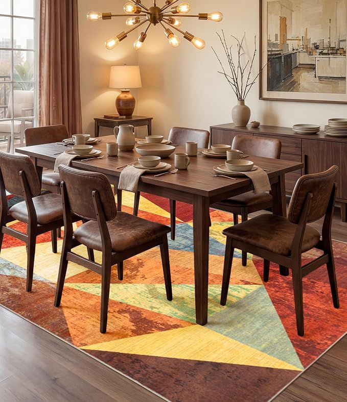 Orange Area Rug 6x9 for Living Room,Geometric Burnt Orange Area Rug Non Slip,Farmhouse Rugs Washable,Vintage Burgundy Carpets for Bedroom, Boho Rug for Kitchen,Dining Room