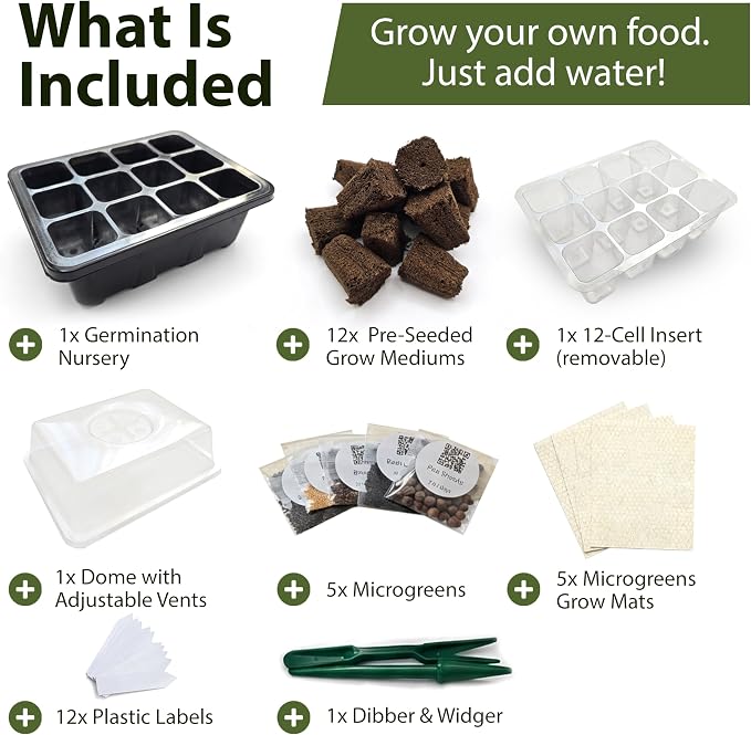 Seed Starter Kit with Humidity Dome – 12-Cell Indoor Pre-Seeded Seed Starting Tray with Basil & Microgreens – Complete Growing Kit with Seeds Included