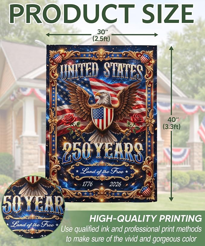 250 Years America Garden Flag, 250th Anniversary Usa Flag, American 250th Anniversary Patriotic Design, Garden Flags For Outside, Land of The Free 1 (30x40 Inch)