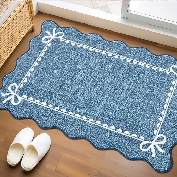 GarveeHome Scalloped Entryway Rug 2x3 Washable Bow Rug, Dark Blue | Non Slip Soft Low Pile Ultra-Thin Stain Resistant Indoor Carpet for Girls Dorm Nursery Bedroom Decor Hallway Kitchen Floor